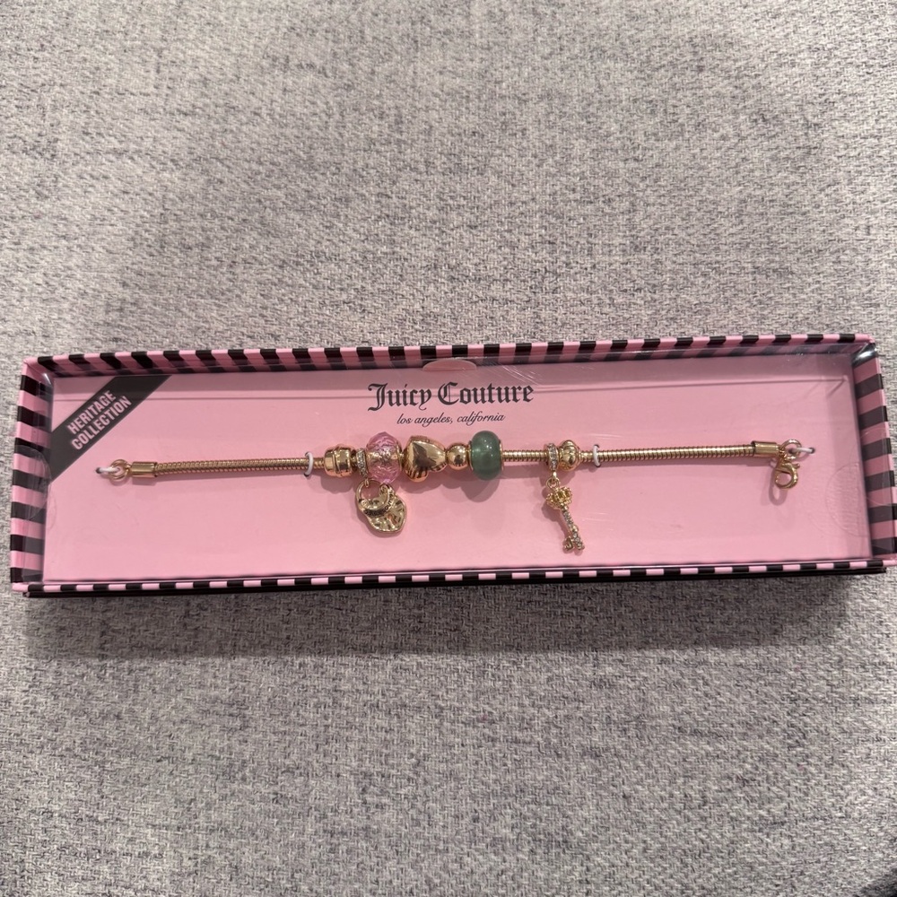 New Juicy Couture Heritage Gold Color Charm Bracelet Pink Hearts Crown Jewelry
